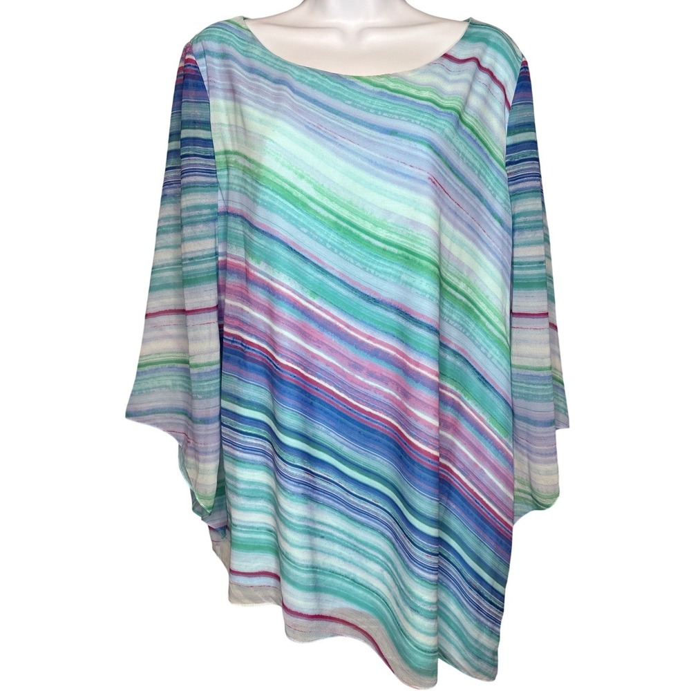 Chicos Womens Watercolor Blue Striped Poncho Tunic Top Sz 3/XL Art to Wear Boho‎